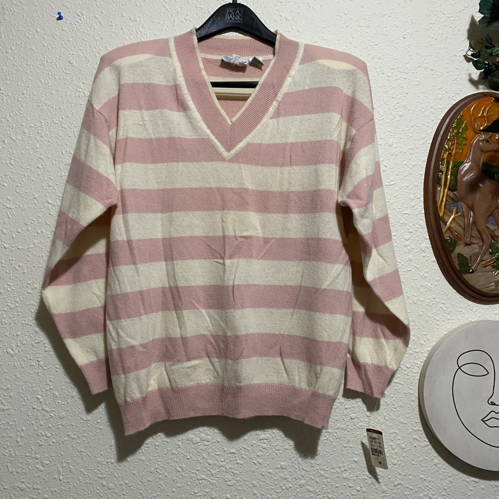 Deadstock lambswool Angora Rabbit Hair L Striped Sweater Pink Women's Knit top